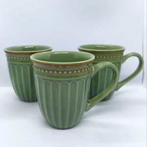 Gibson Everyday Coffee Cup Green Bombay Embossed Ribbed Beaded Mugs Set Of 3